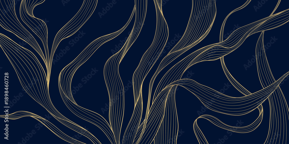 Fototapeta premium Elegant floral pattern, gold line art, dark background, leaves, flowers, flowing wave elements, Japanese and Chinese design. Vector illustration, botanical motifs, organic lines, luxury spa aesthetic.