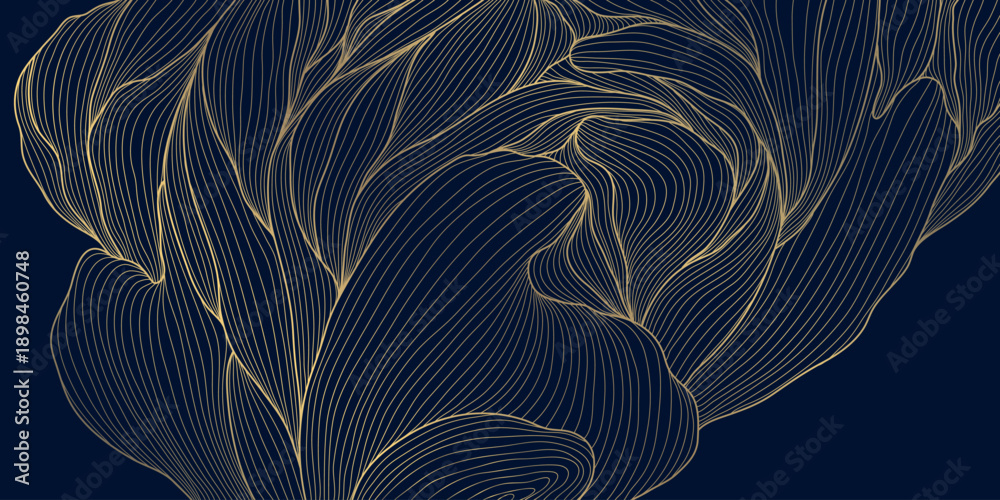 Naklejka premium Elegant floral pattern, gold line art, dark background, leaves, flowers, flowing wave elements, Japanese and Chinese design. Vector illustration, botanical motifs, organic lines, luxury spa aesthetic.