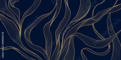 Elegant floral pattern, gold line art, dark background, leaves, flowers, flowing wave elements, Japanese and Chinese design. Vector illustration, botanical motifs, organic lines, luxury spa aesthetic.