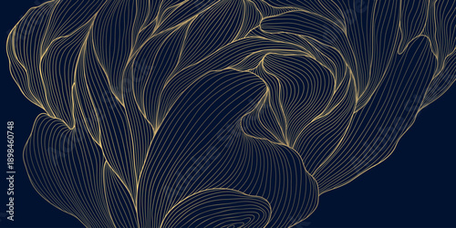 Elegant floral pattern, gold line art, dark background, leaves, flowers, flowing wave elements, Japanese and Chinese design. Vector illustration, botanical motifs, organic lines, luxury spa aesthetic.