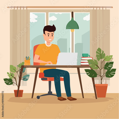 Vector depicting a remote worker at home desk — perfect for business and lifestyle content.