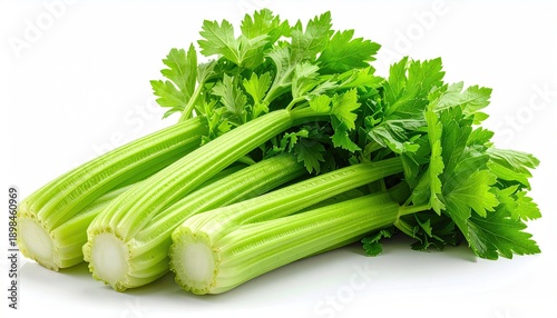 Fresh Green Celery Stalks and Leaves Isolated on White Background with Detailed Texture and Natural Lighting