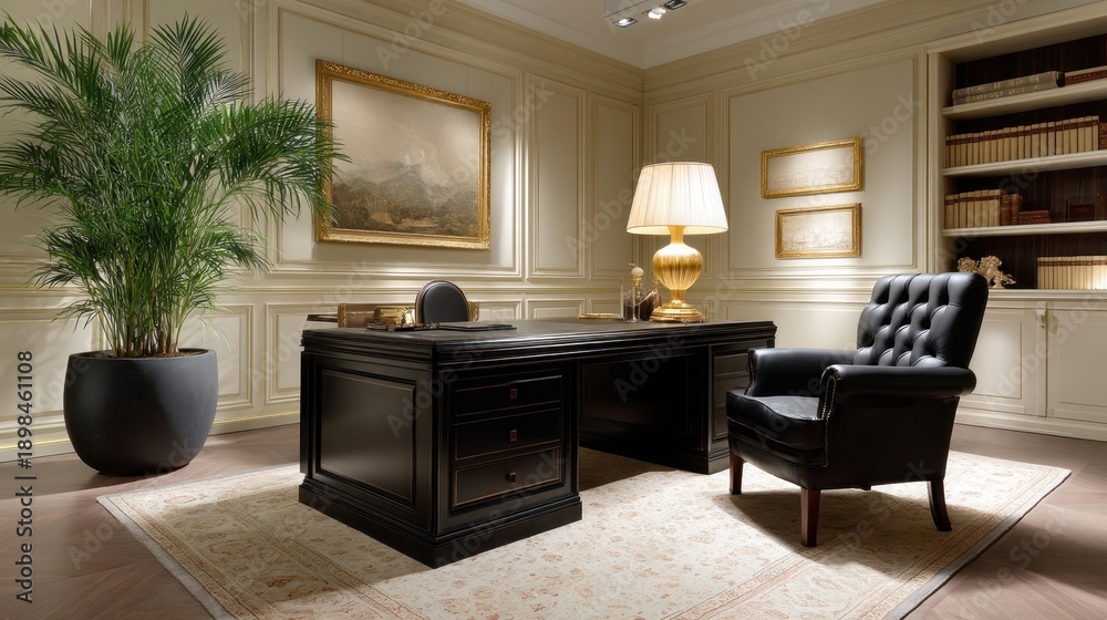 Fototapeta premium Elegant office interior with a classic design featuring a large desk, comfortable chair, soft lighting, and decorative plants in a serene environment