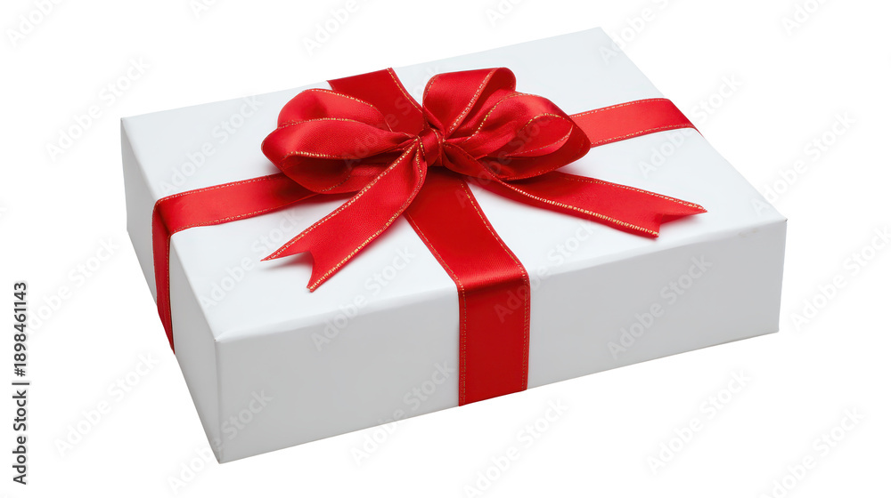 Obraz premium Large gift box wrapped in white paper with bright red ribbon and symmetrical bow, crisp corners, subtle wrapping creases and neat crossed bands, isolated on transparent background.