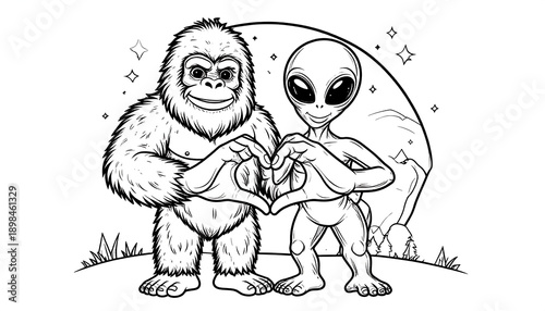 Bigfoot & alien making hearts with hands, B&W illustration against mountain backdrop