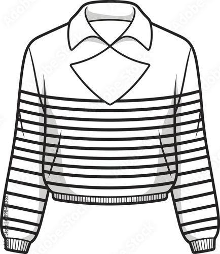 Striped sweater illustration with collar, long sleeve knit pullover design, fashion apparel technical drawing, casual clothing vector mockup