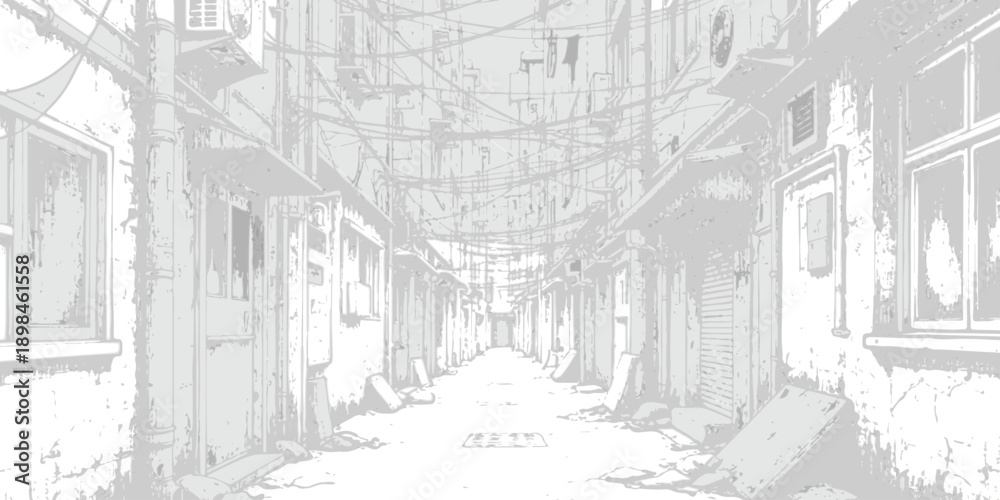 Fototapeta premium A stylized high-key illustration depicting a narrow alleyway between dilapidated buildings in an urban setting