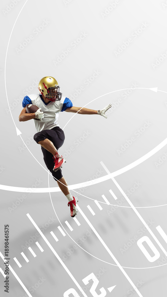 Obraz premium Dynamic poster American football player catching ball mid air. Concept of explosive reach, aerial control, decisive play moment, athletic focus, and competitive game intensity.