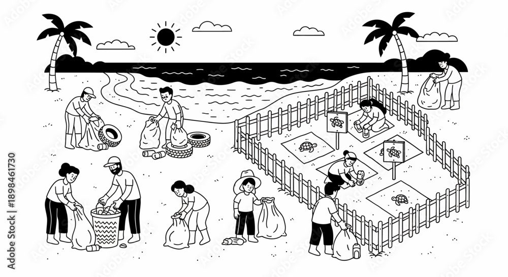 Fototapeta premium People Working Together on Beach Volleyball Court.