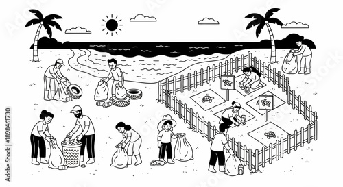 People Working Together on Beach Volleyball Court.