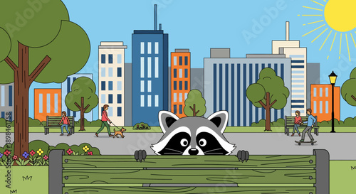 Raccoon Peeking Over Green Fence in City.