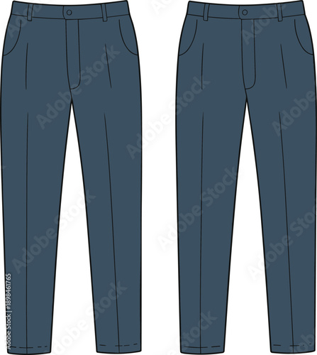 Technical flat vector illustration of slim fit trousers pants front and back views modern mens apparel fashion design template