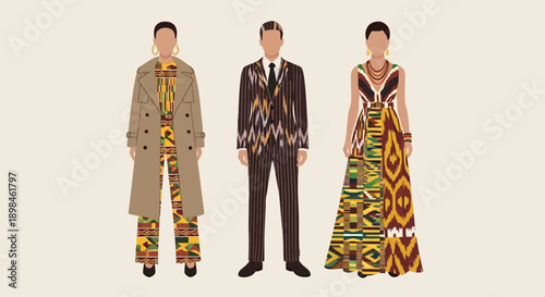 Three People Wearing Fashionable Outfits Standing.