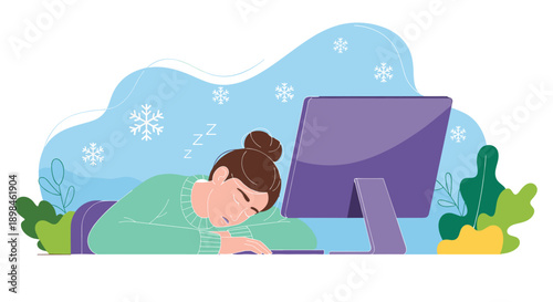 Exhausted woman in mint sweater sleeping at desk with purple monitor, winter theme with snowflakes, flat minimalistic digital illustration, seasonal burnout