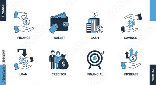 Professional set of financial icons featuring business concepts for savings, loans, investment growth, digital wallets, banking services, and successful wealth management strategies in blue.