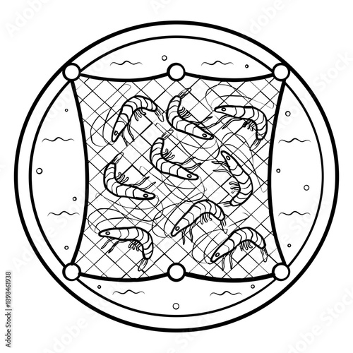 shrimp harvesting net concept, Prawn Farming Method vector icon design, Aquaculture and aquafarming stock illustration