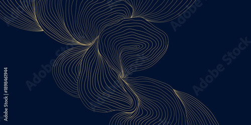 Elegant floral pattern, gold line art, dark background, leaves, flowers, flowing wave elements, Japanese and Chinese design. Vector illustration, botanical motifs, organic lines, luxury spa aesthetic.