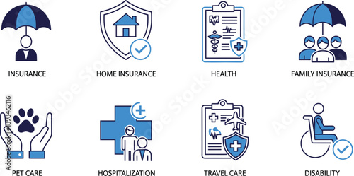Blue insurance and healthcare icon set featuring home protection life coverage medical health records travel care pet insurance disability and hospitalization symbols for business.
