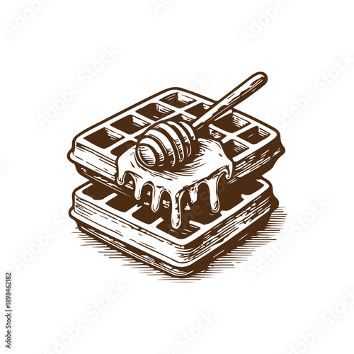 Waffles with honey dipper spreading liquid sweetness