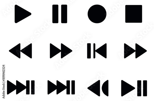 Solid glyph media player controls set featuring play, pause, stop, and navigation functions for multimedia applications