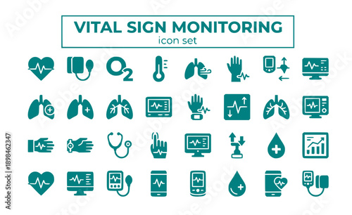 Vital Sign Monitoring Health Heart Rate Blood Pressure SpO2 Temperature Respiratory Pulse Clinical Medical Patient Tracking Measurement Sensor Vector Icon Set - Vital Signs
