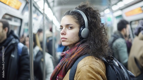 A commuter wearing headphones and avoiding eye contact in a crowded subway representing modern alienation