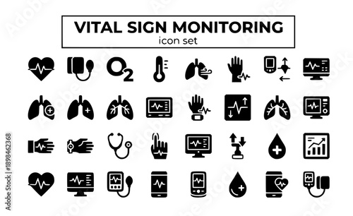 Vital Sign Monitoring Health Heart Rate Blood Pressure SpO2 Temperature Respiratory Pulse Clinical Medical Patient Tracking Measurement Sensor Vector Icon Set - Vital Signs