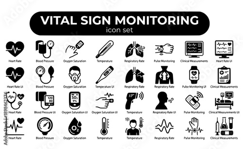Vital Sign Monitoring Health Heart Rate Blood Pressure SpO2 Temperature Respiratory Pulse Clinical Medical Patient Tracking Measurement Sensor Vector Icon Set - Vital Signs