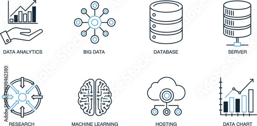 Professional data science icon set featuring big data analytics, database storage, cloud hosting server, machine learning brain, research analysis, and digital information processing icons.