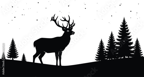 Majestic deer silhouette standing on hillside with evergreen trees under starry night sky minimalist black and white nature forest landscape illustration