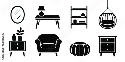 Collection of Modern Home Furniture and Decorative Accessory Silhouette Icons.