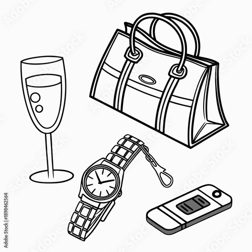 Black and white line of champagne flute purse watch and cellphone