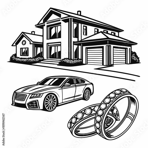 Black and white of luxury assets including a large house a car and diamond rings