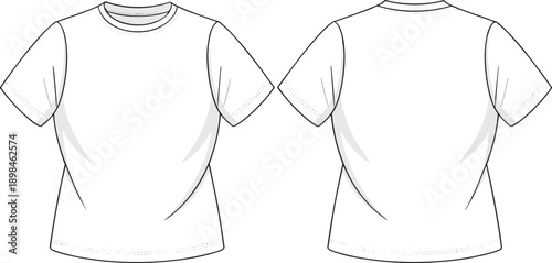 Technical line art vector illustration of classic short sleeve t shirt front and back views casual apparel design template