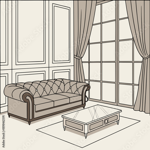 Beige living room interior with sofa and coffee table