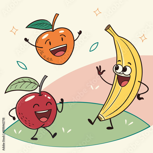 Cartoon fruit characters dancing on green patch happy