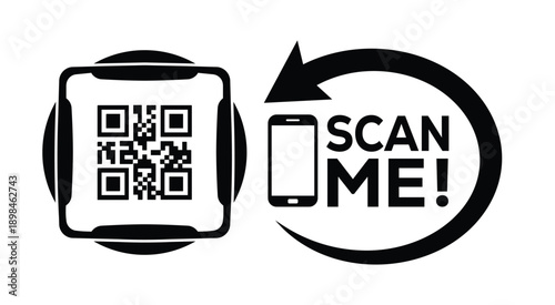 Black and white QR code with bold "SCAN ME" text, smartphone icon, and curved arrow—ideal for mobile interaction, digital marketing, and tech-themed promotional materials.
