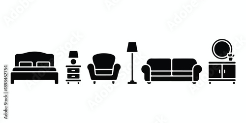 Collection of Essential Home Furniture and Decor Silhouette Icons.