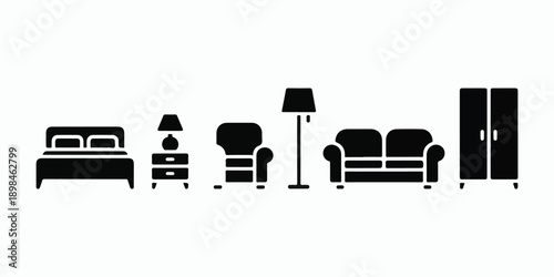 Collection of Essential Home Furniture and Decor Silhouette Icons.
