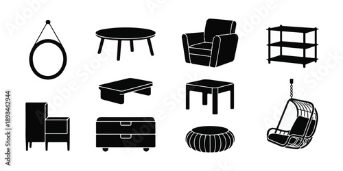Collection of Modern Home Furniture and Interior Decor Silhouette Icons.