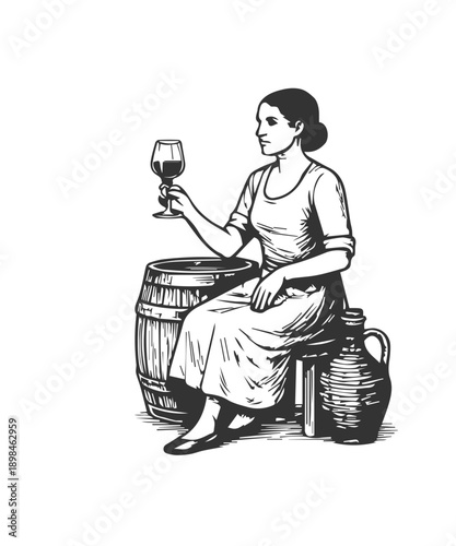 Woman tasting wine in cellar vintage illustration