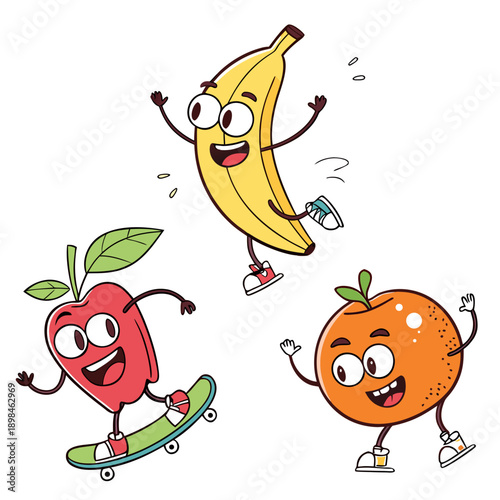 Cartoon fruit characters skateboarding and ice skating