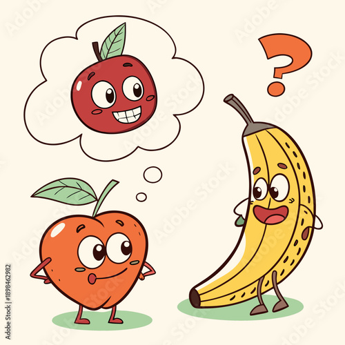 Cartoon fruit characters with thought bubble and question mark