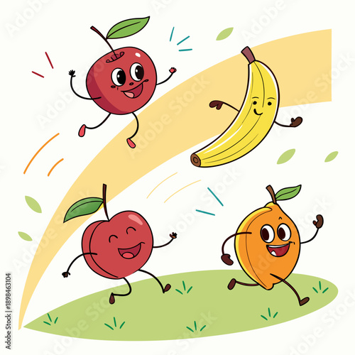 Cartoon fruits jumping on green hill happy smiling