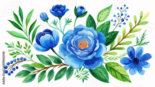 Very beautiful watercolor botanical elements with gentle blue flowers and green leaves, isolated on a clean white background for versatile creative and decorative design projects.
