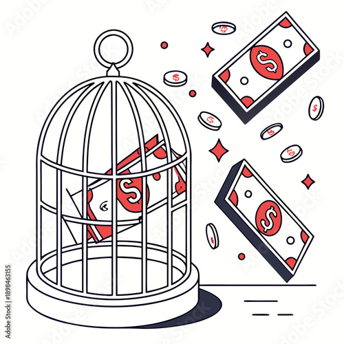 Birdcage with dollar bills and coins escaping money