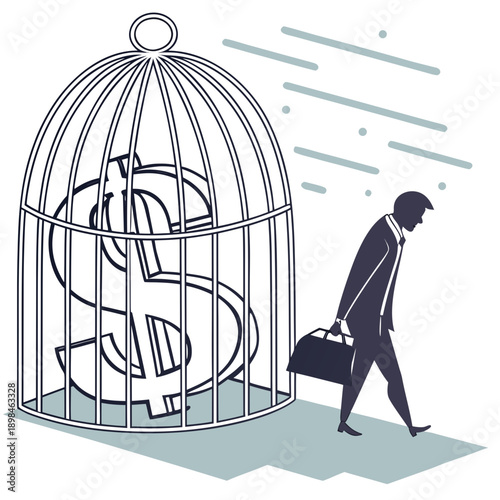 Businessman silhouette walking away from large birdcage with dollar signs inside