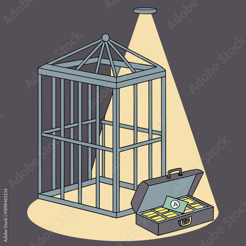 Cage with briefcase and money spotlight cartoon