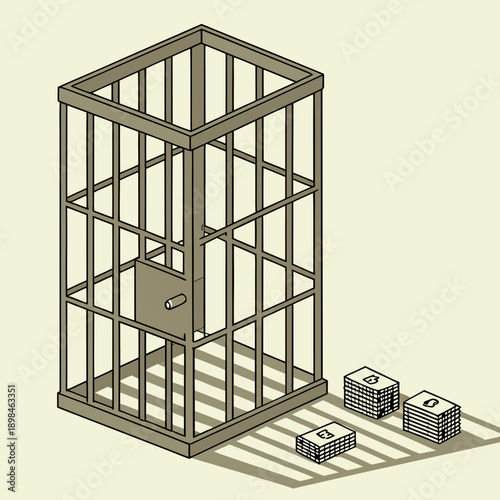 Cage with money outside prison bars stacks of cash