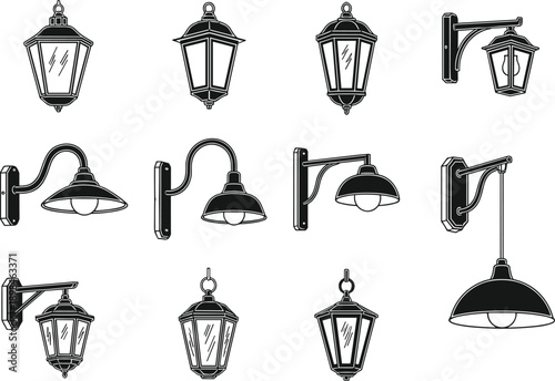 Minimalist Black and White Street Lamp Icon Set Featuring Nine Vintage and Modern Outdoor Lighting Fixture Designs in 3x3 Grid Layout